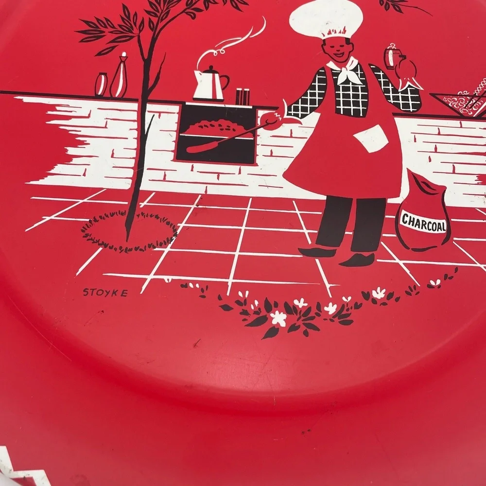 Stoyke BBQ Chef Red Round Metal Chef Pizza Pan Grill Vintage MCM‎ 1950s Tray